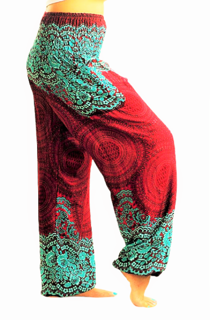 RED FLOWER MANDALA Harem Pants for Women Flowy Smocked Waist Yoga
