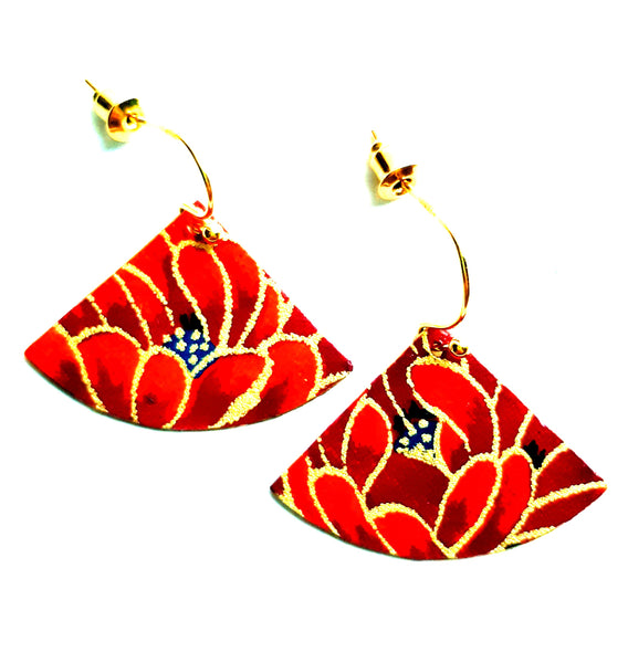 Red Mum Chiyogami Fan Earrings