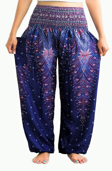 Navy Peacock Feather Harem Pant Trousers