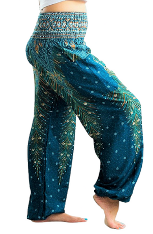 Teal Peacock Feather Harem Pant Trousers
