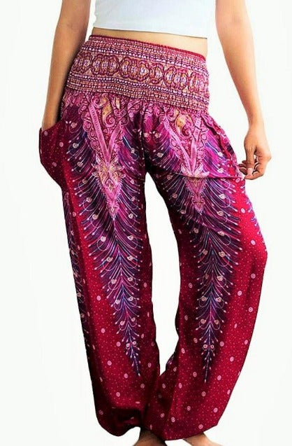 Pink Peacock Feather Harem Pant Trousers