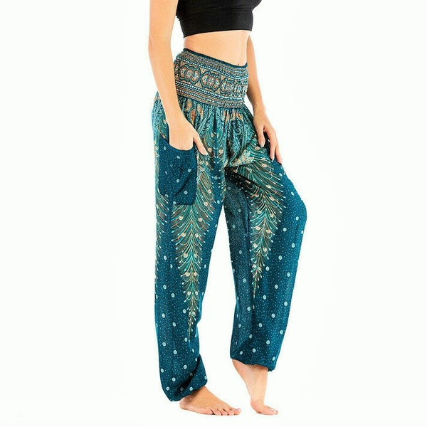 Teal Peacock Feather Harem Pant Trousers